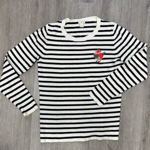 J. Crew Black and White cotton lightweight Striped Sweater with Red Bird